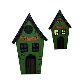 Dekor Házikó, Halloweeni, LED-es - Zöld - Magas Kísérteties
