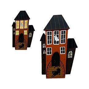 Dekor Házikó, Halloweeni, LED-es - Barna - Fekete Macska & Szellem