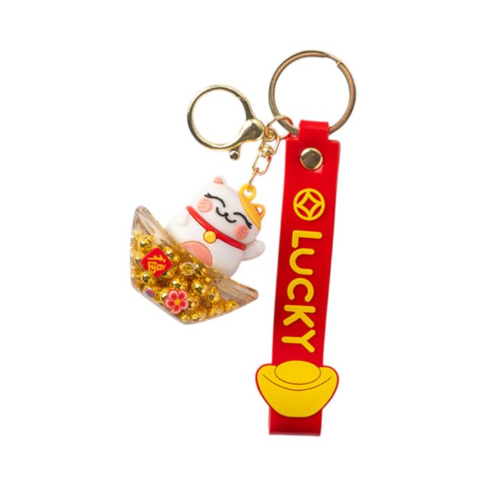 Folyadékos Kulcstartó Táskadísz 3D, PVC - Maneki Neko Szerencsehozó Macska QUIRKEYS
